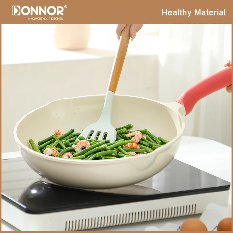 DONNOR 20-30cm Non-Stick Frying Pan Ceramic Glaze Wok Steak Skillet Kitchen Omelet Pans with Lid for Gas and Induction Cooker