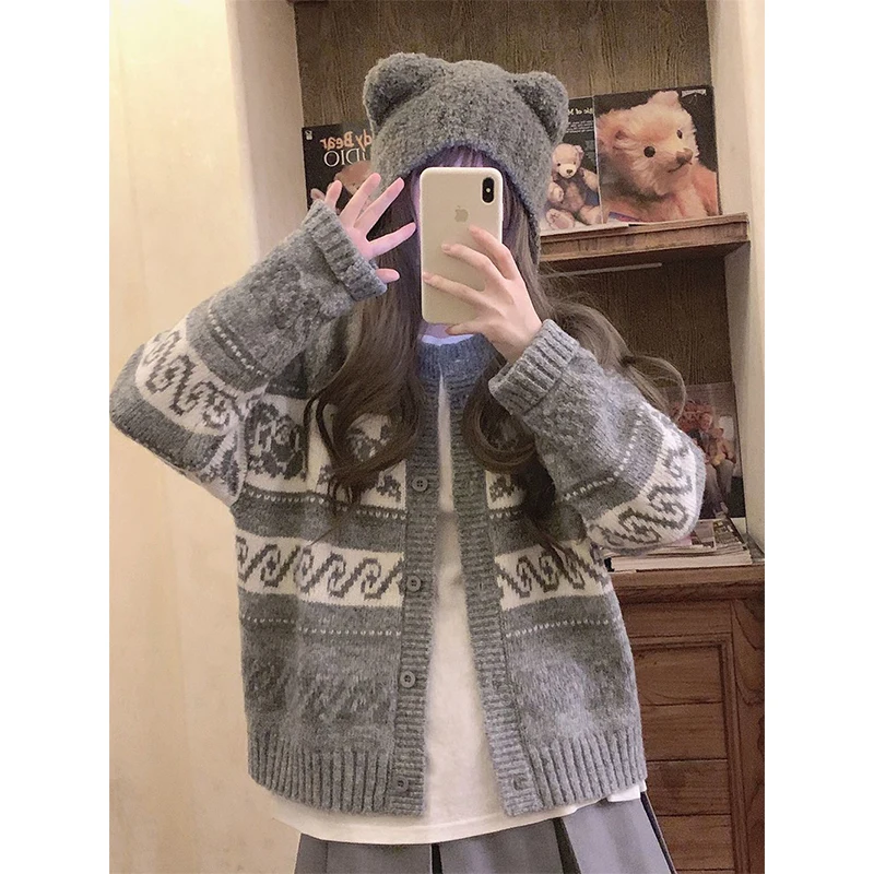 Vintage Grey Jacquard Knitting Cardigan Women Autumn Winter Casual Loose O-neck Sweater Coat All-match Long Sleeve Knitwear Tops