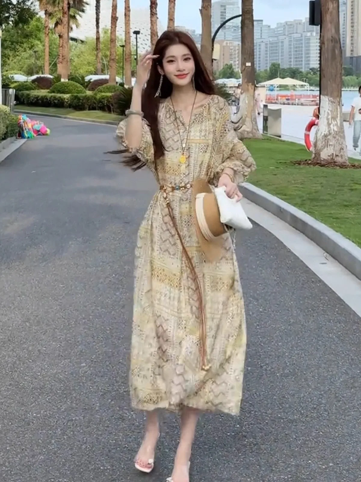 Floral Print Slimming Long Dr Women's Spring Summer New Sle Comfortable A-Line Midi Dr V-Ne Svel Tea Break De...