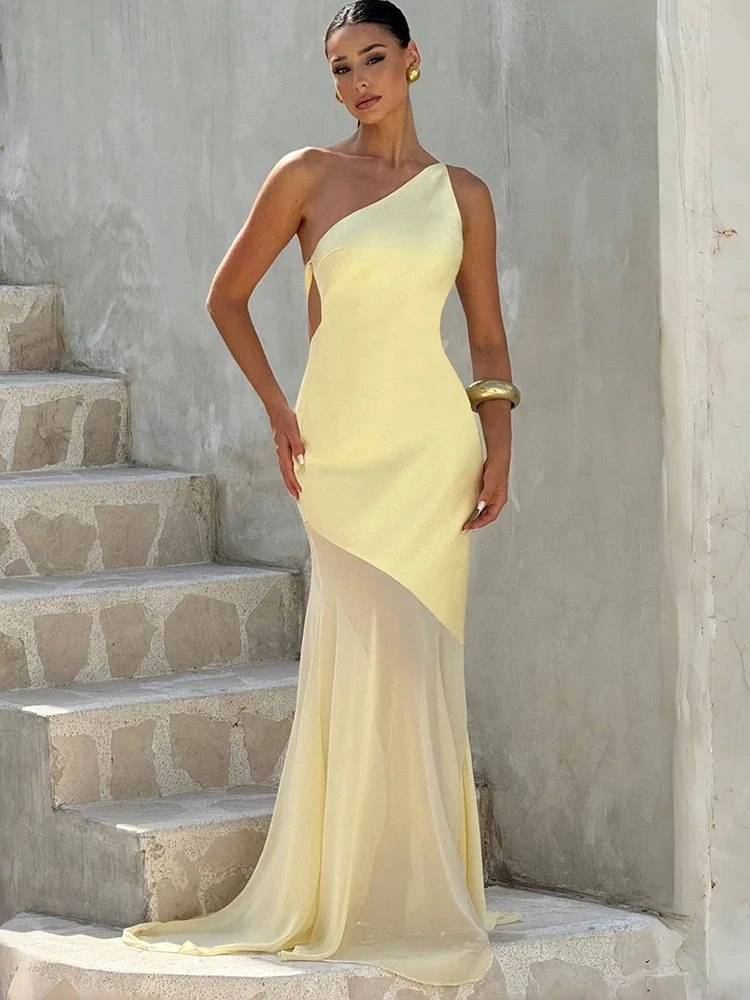 

Patchwork One Shoulder Backless Maxi Dress For Women Yellow See Through Sleeveless Lace Up Elegant Party Evening Dress