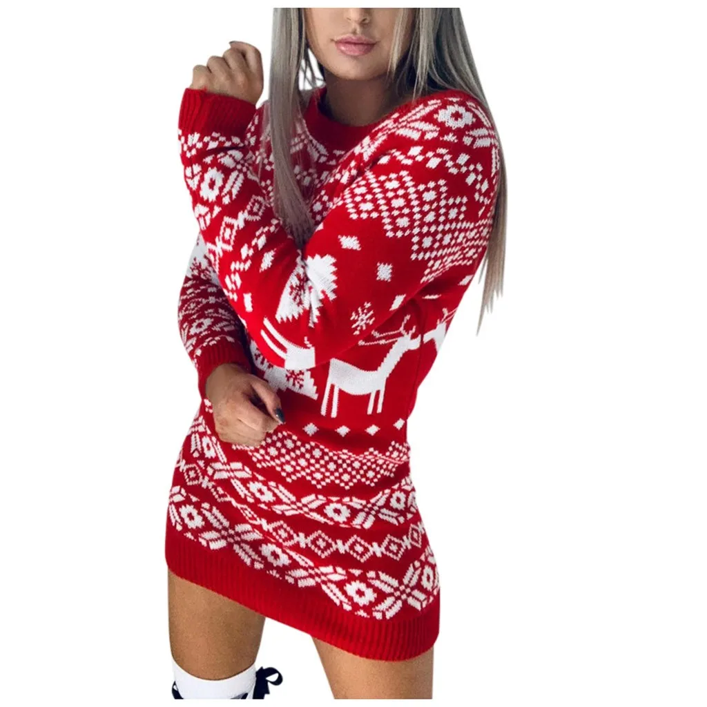 Gaun Sweater Mini natal wanita Pullover rajut kepingan salju musim gugur musim dingin wanita kemeja rajutan Pesta tahun baru Vestidos baju rusa