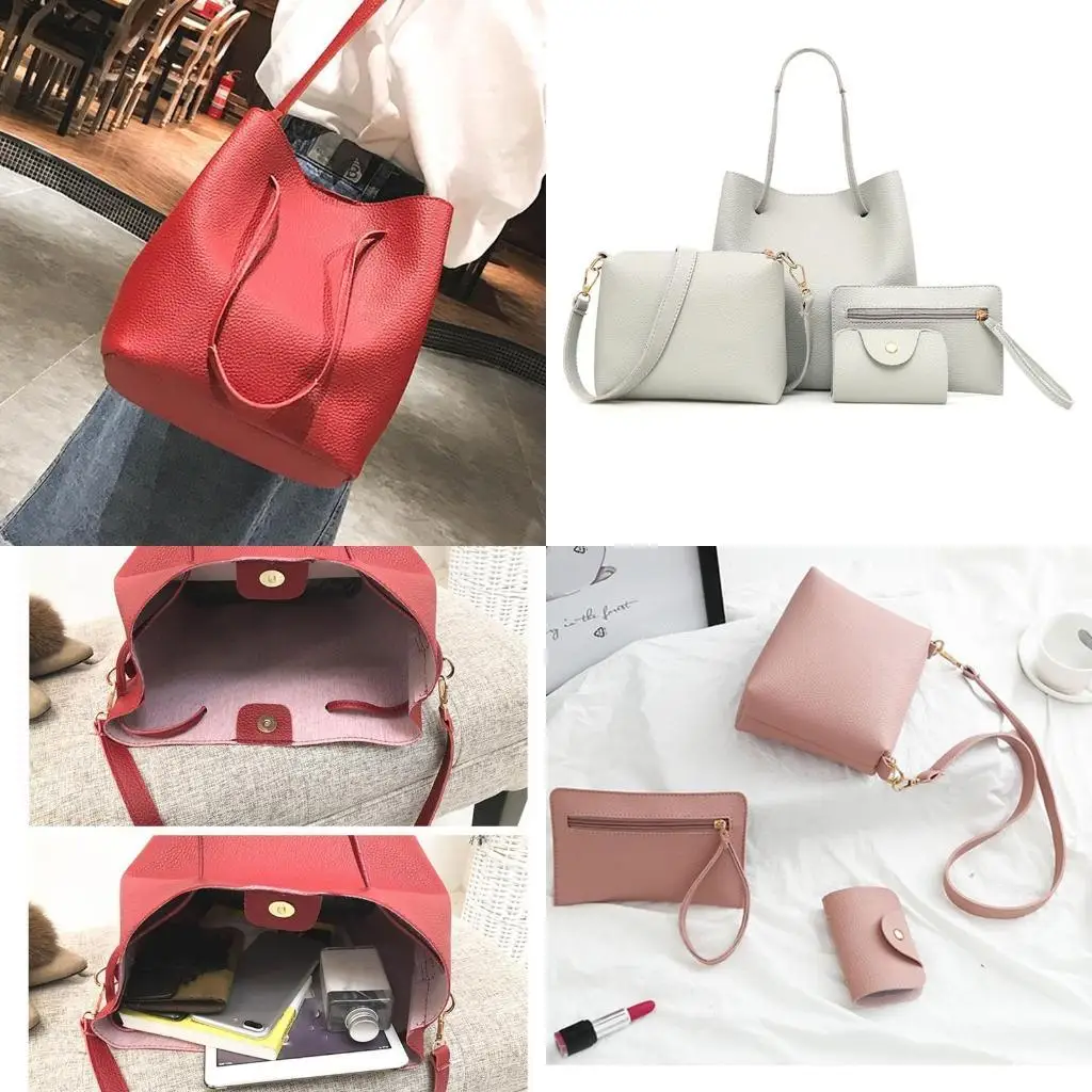 

D46D 4PCS/SET Кожаная женская сумочка для сумки для плеча на плечо держатель для карты кошелек мессенджер с верхней ручкой сумки