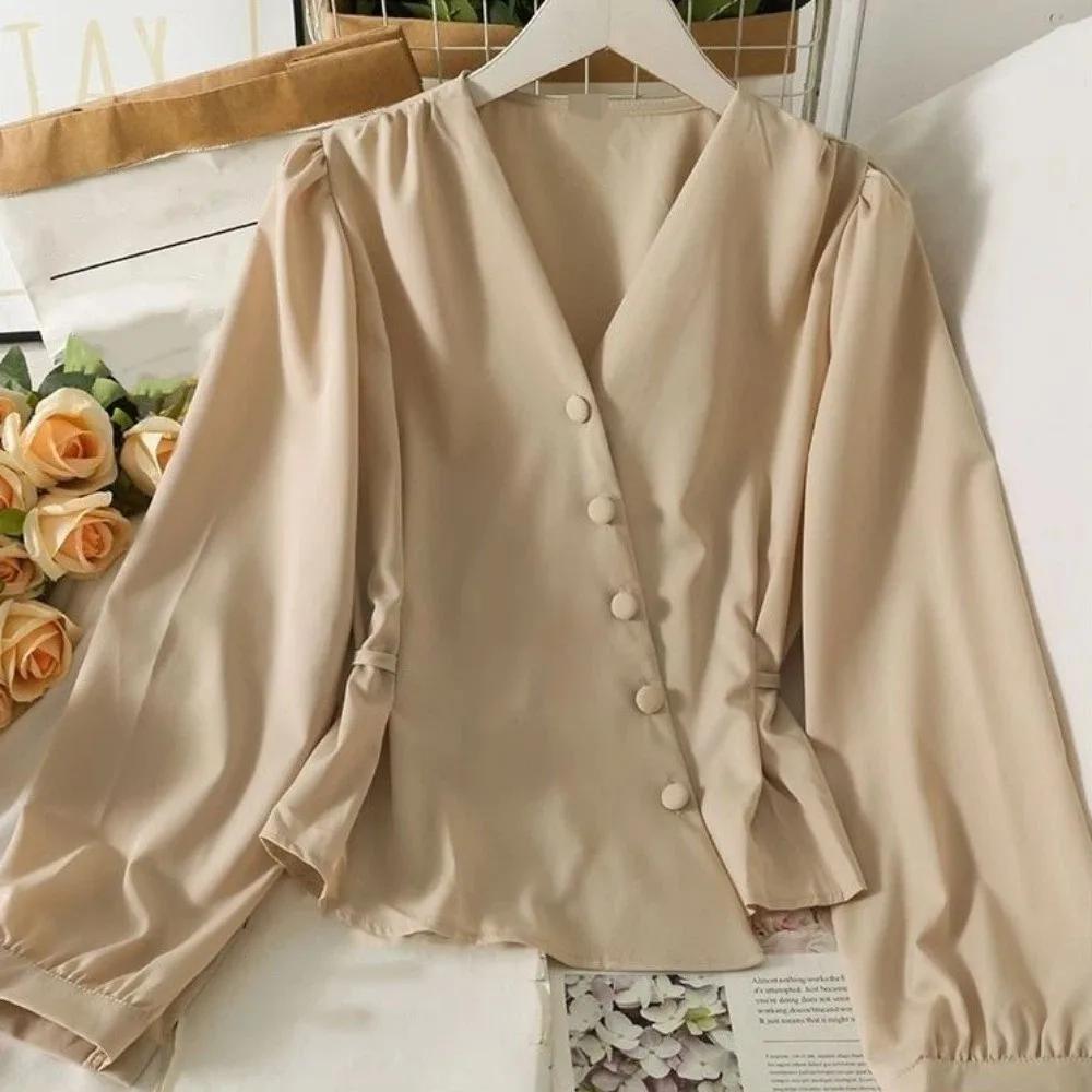 

V-neck Long Sleeve Shirts Waist-cinching Slim Fit Puff Sleeve Shirt Autumn Spring Irregular Office Ladies Tops Spring Autumn