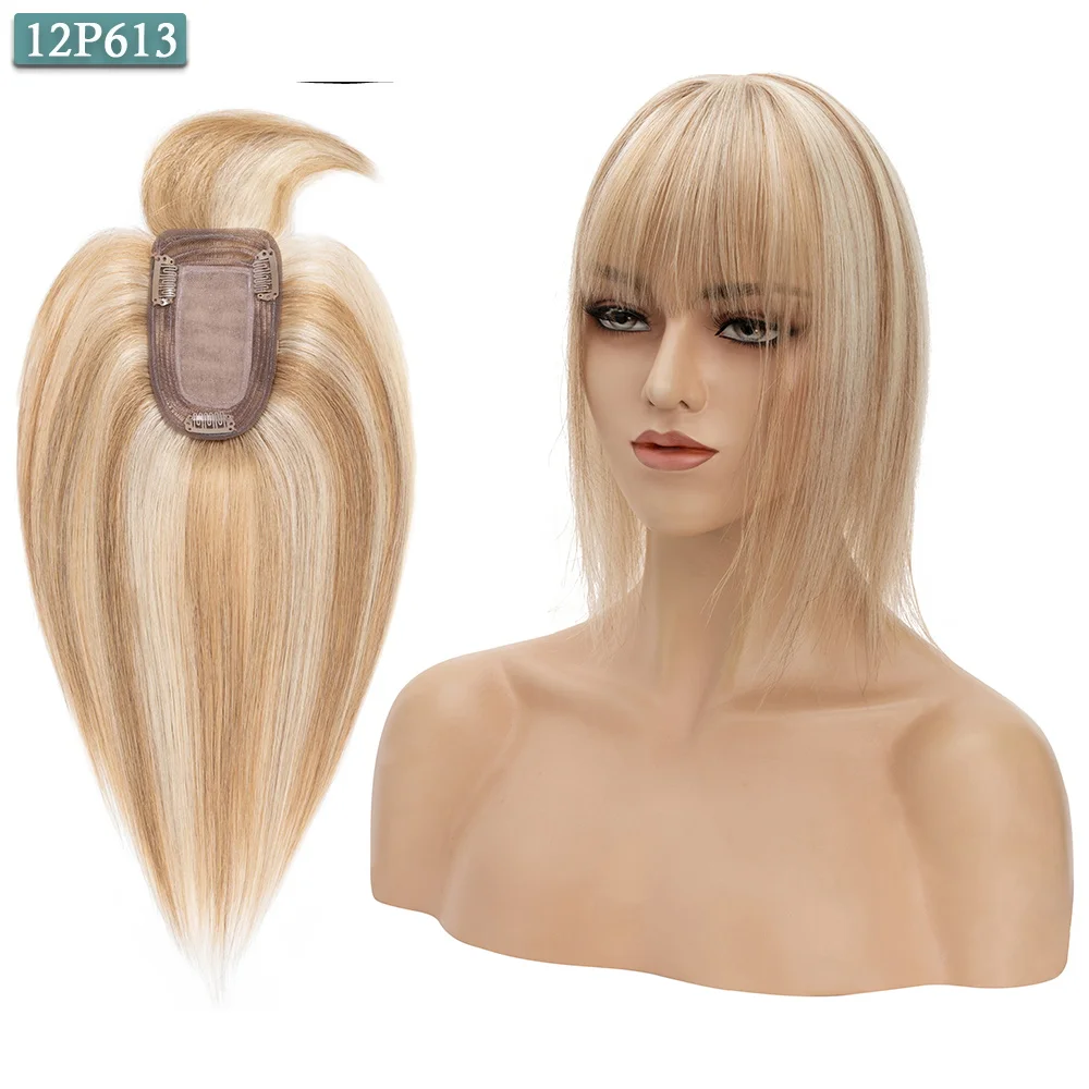 SEGO 7x13CM Echthaar-Topper mit Pony für Frauen, Seidenbasis, natürliche Haarteile, Perücken für Haarausfall, Volumenabdeckung, graues Haar – Detail 20
