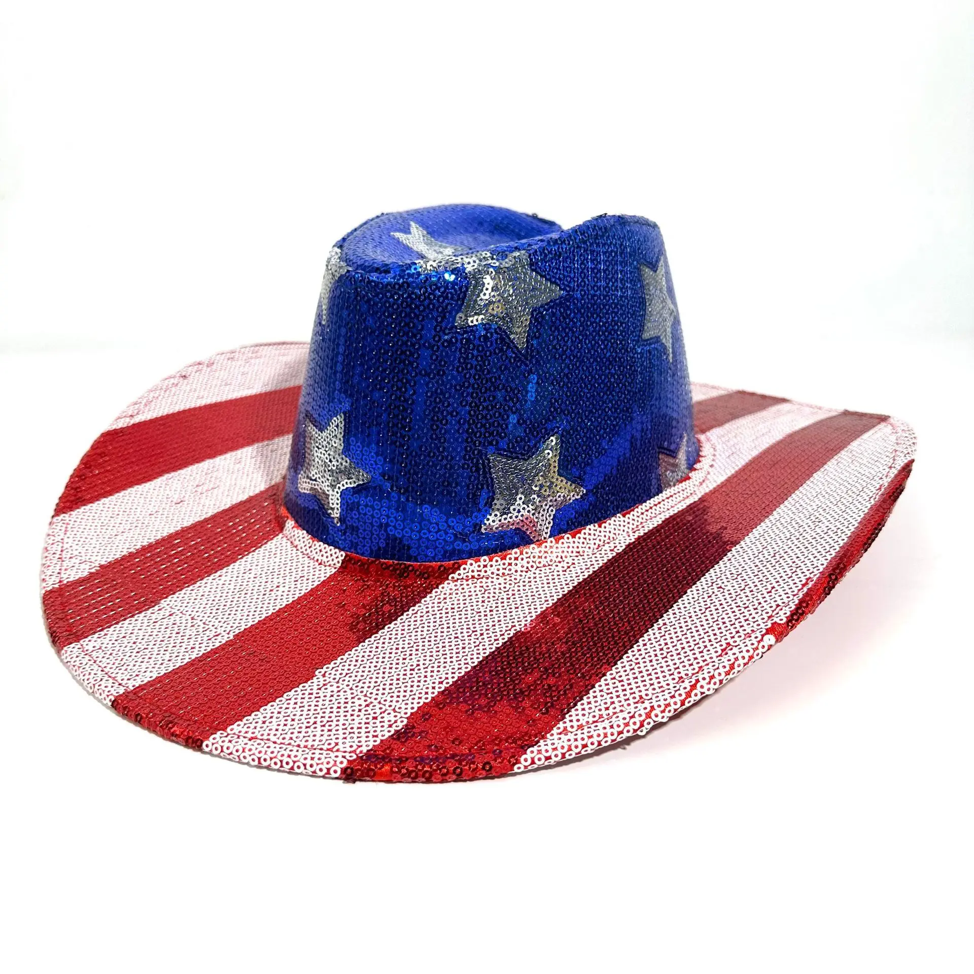

Red and White Sequined Striped Beaded Pentagram Cowboy Hat Independence Day National Day Cowboy Flag Hat