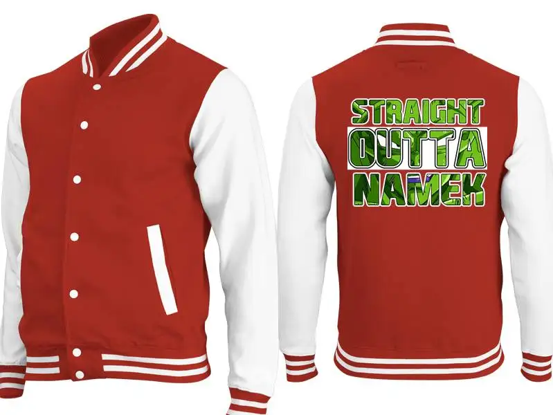 Chaqueta de béisbol de Dragon Ball, abrigo universitario rojo y blanco con texto de Namek Planet, arte y letras verdes atrevidas, ropa de abrigo de Anime Unisex ​ ​