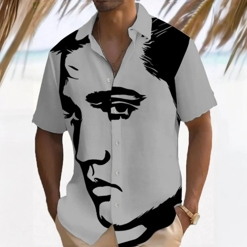 Simple Men\'s Shirt 3d Face Print Short Sleeve Shirts Beach Casual Clothing Loose Oversized Hawaiian For Men 2024 New Tops