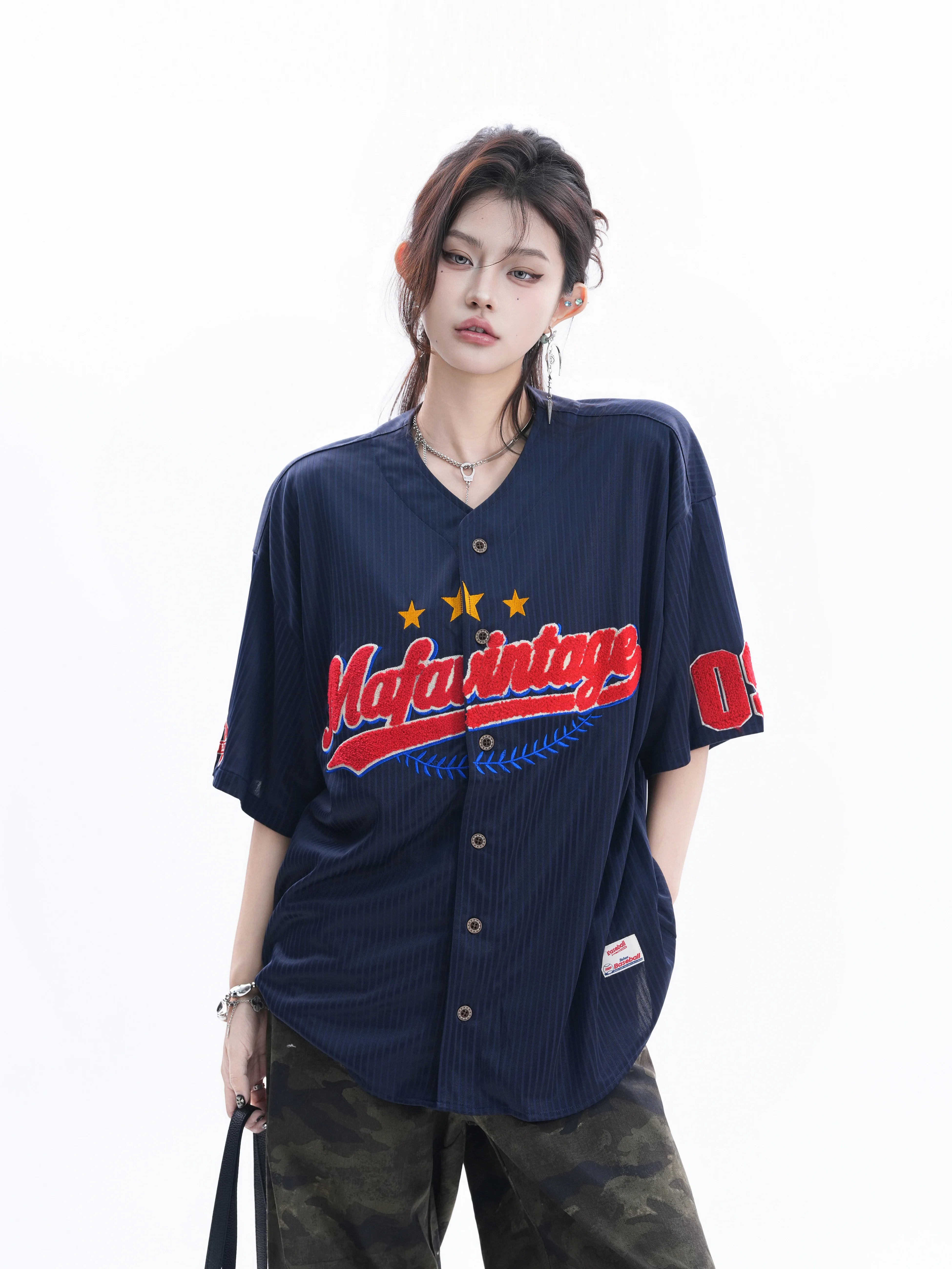 

American Retro Baseball Shirt Women Summer Loose Short Sleeve Striped Letter Embroidery Neutral Open Cardigan Casual Style Po...