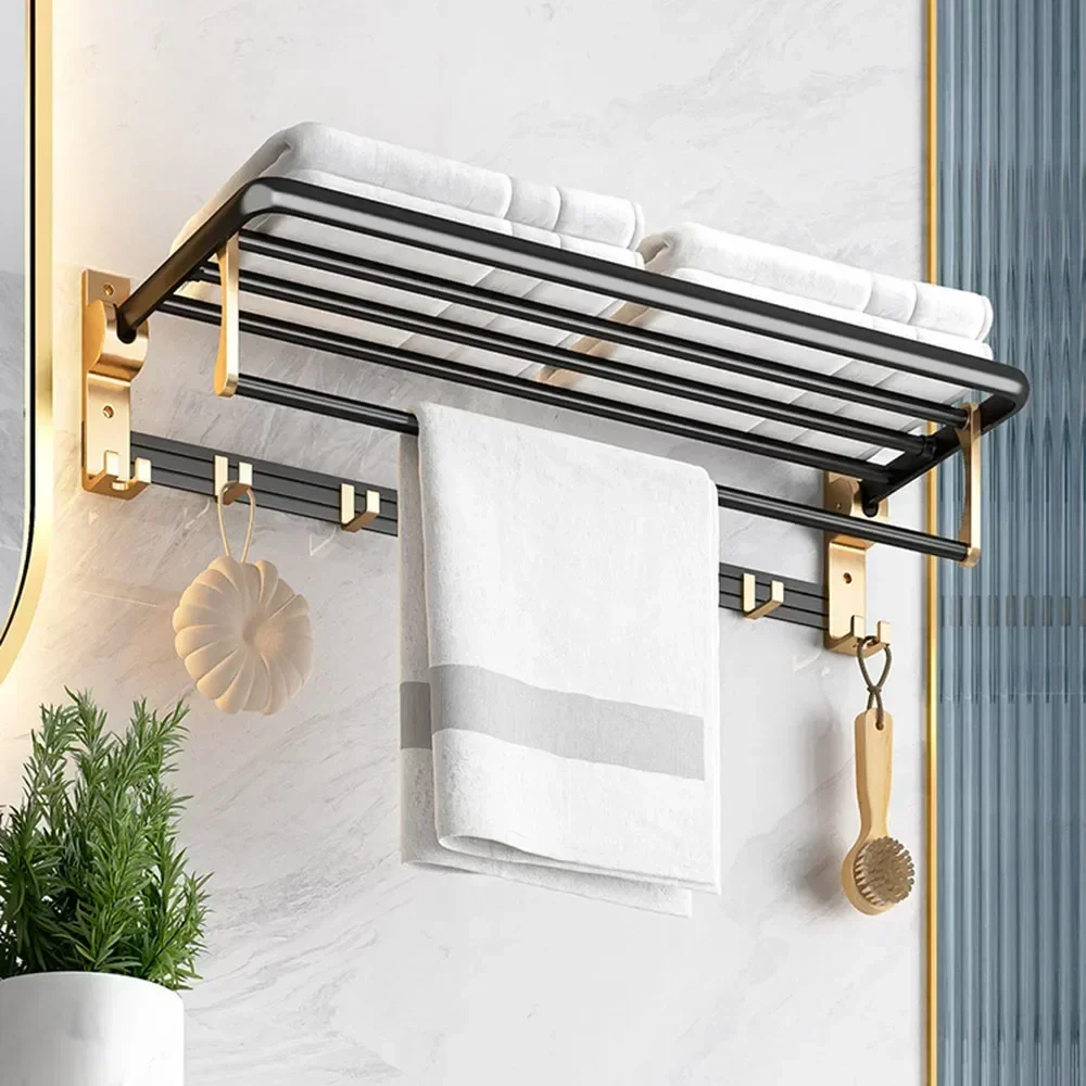 Towel Rack Punching-free Luxury Black Gold Space Aluminium Bathroom Rack Folding Bath Towel Pole Bathroom Accesorios Hardware