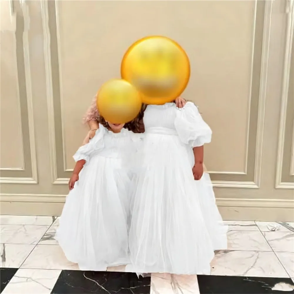 Vestido de novia de niña de flores de malla de manga corta con lazo hinchado princesa fiesta de cumpleaños vestido de celebración vestido de primera comunión personalizado