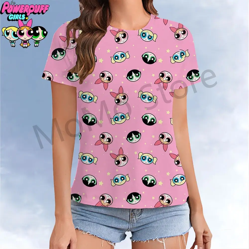 Kawaii Women's T-shirt The Powerpuff Girls XS-3XL Leisure Youthful Woman Clothes Lovely Tops Summer Streetwear Y2k New 2024