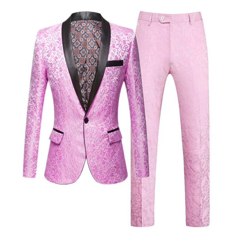 (Jacket+Pants) Men Luxury Jacquard Suit 2 Piece Pink Black Fashion Male Business Social Wedding Party Tuxedo Blazers Trousers