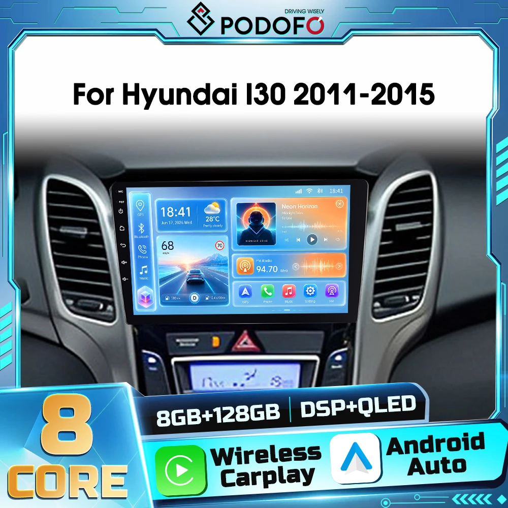 Podofo – samochodowy odtwarzacz multimedialny z systemem Android i sterowaniem głosowym AI, model 2DIN, przeznaczony do samochodów Hyundai I30 (roczniki 2011–2015). Bezprzewodowe funkcje Carplay i