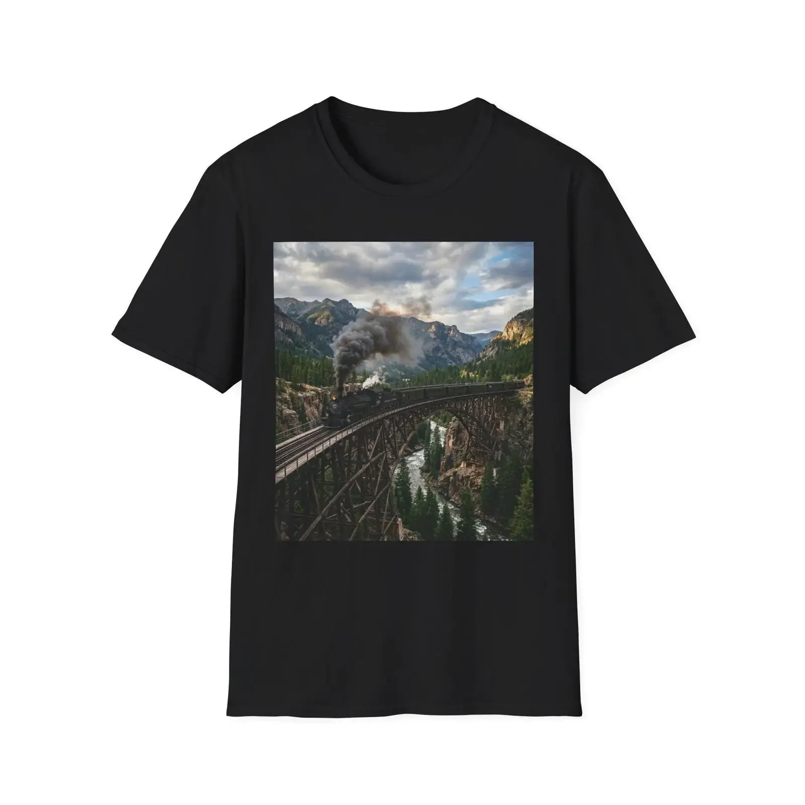 Vintage Steam Train Over Mountain Viaduct T Shirt Scenic Railroad Landscape vintage Washed Stylish graphic Versatile Slightly