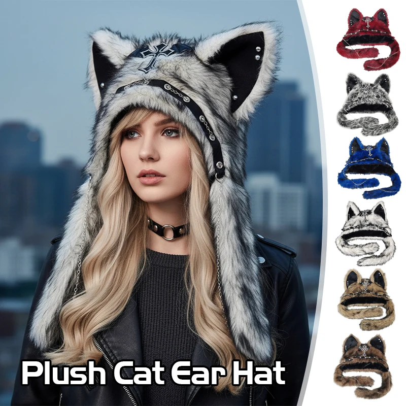 سلسلة الظلام القوطية أفخم قبعة Y2K الصليب المعادن نمط أغطية الرأس تأثيري القط الأذن قبعة هالوين الشرير الصخرة قبعة دافئة للنساء الرجال الطفل #2