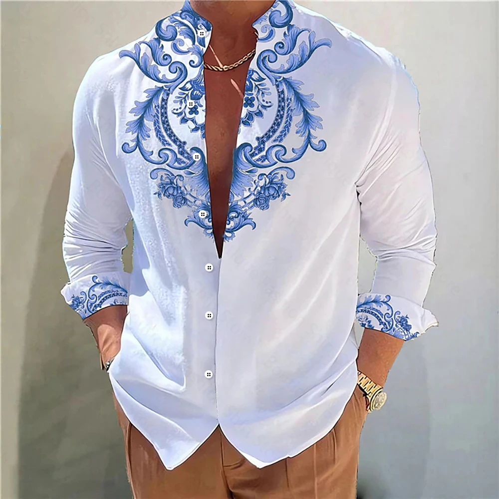 Camisa De hombre con estampado Floral 3D HD, cuello levantado, rosa dorada, camisa De manga larga para exteriores, ropa musulmana para hombres, ropa De Homem