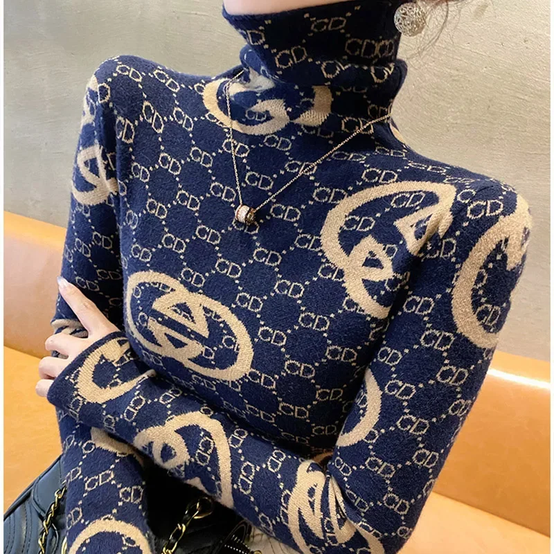 Women Clothing Vintage Jacquard Knitwear Autumn Winter Slim Knitted Turtleneck Pullovers Fashion Comfortable Wool Sweaters