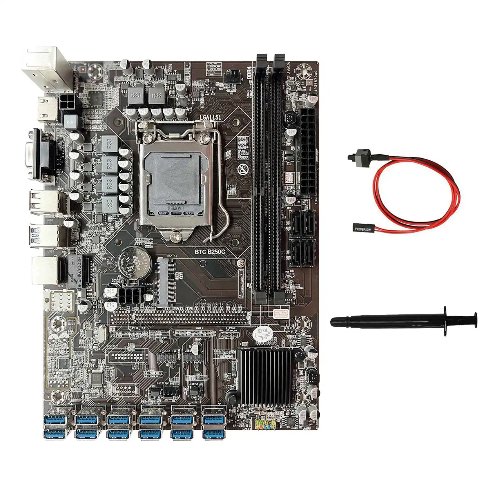 

B250C ETH Mining Motherboard+Switch Cable+Thermal Grease 12XPCIE to USB3.0 GPU Slot LGA1151 for ETH Miner Motherboard