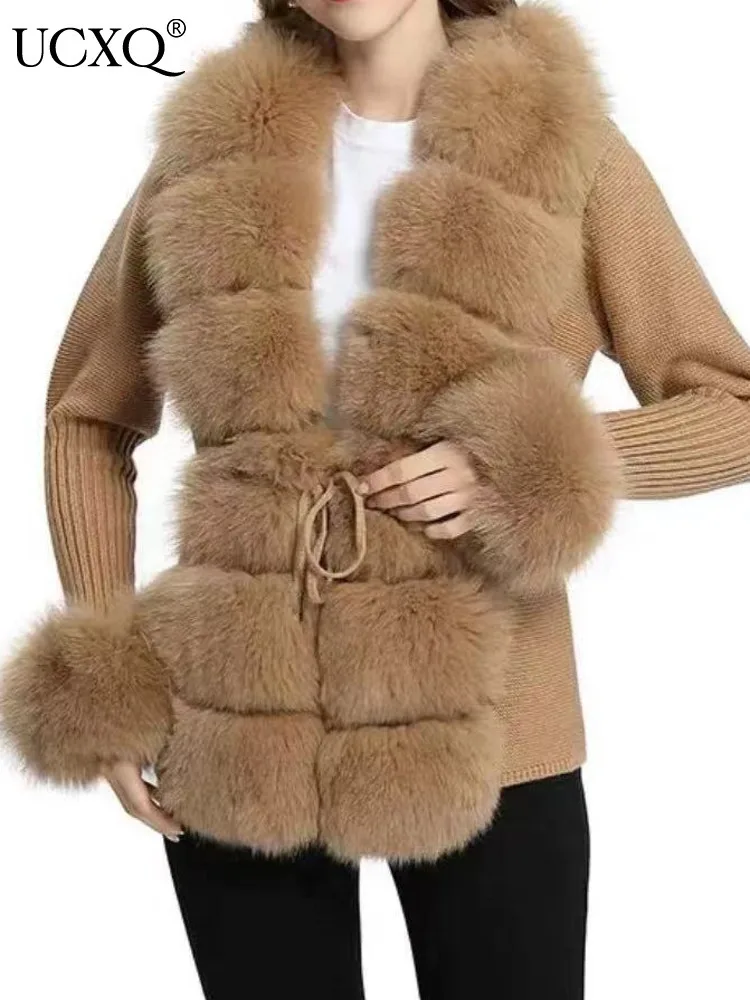 UCXQ Elegant Women's Coat European Style V-neck Imitation Fox Fur Cardigan All Match Spliced Knit Jacket 2025 Autumn Winter 1992