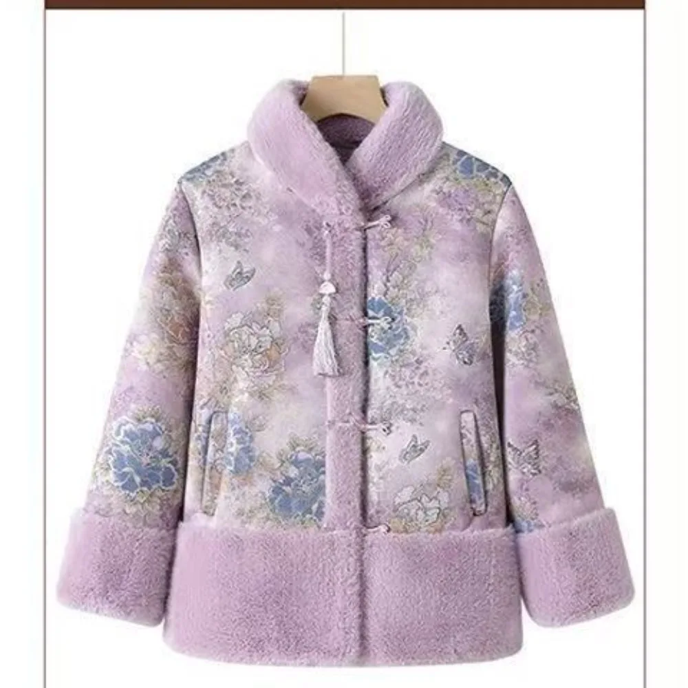 

Зимнее пальто премиум-класса для женщин среднего возраста, с меховой отделкой, в национальном стиле, с элементами чонсама, утепленное, с застежкой, фиолетовое