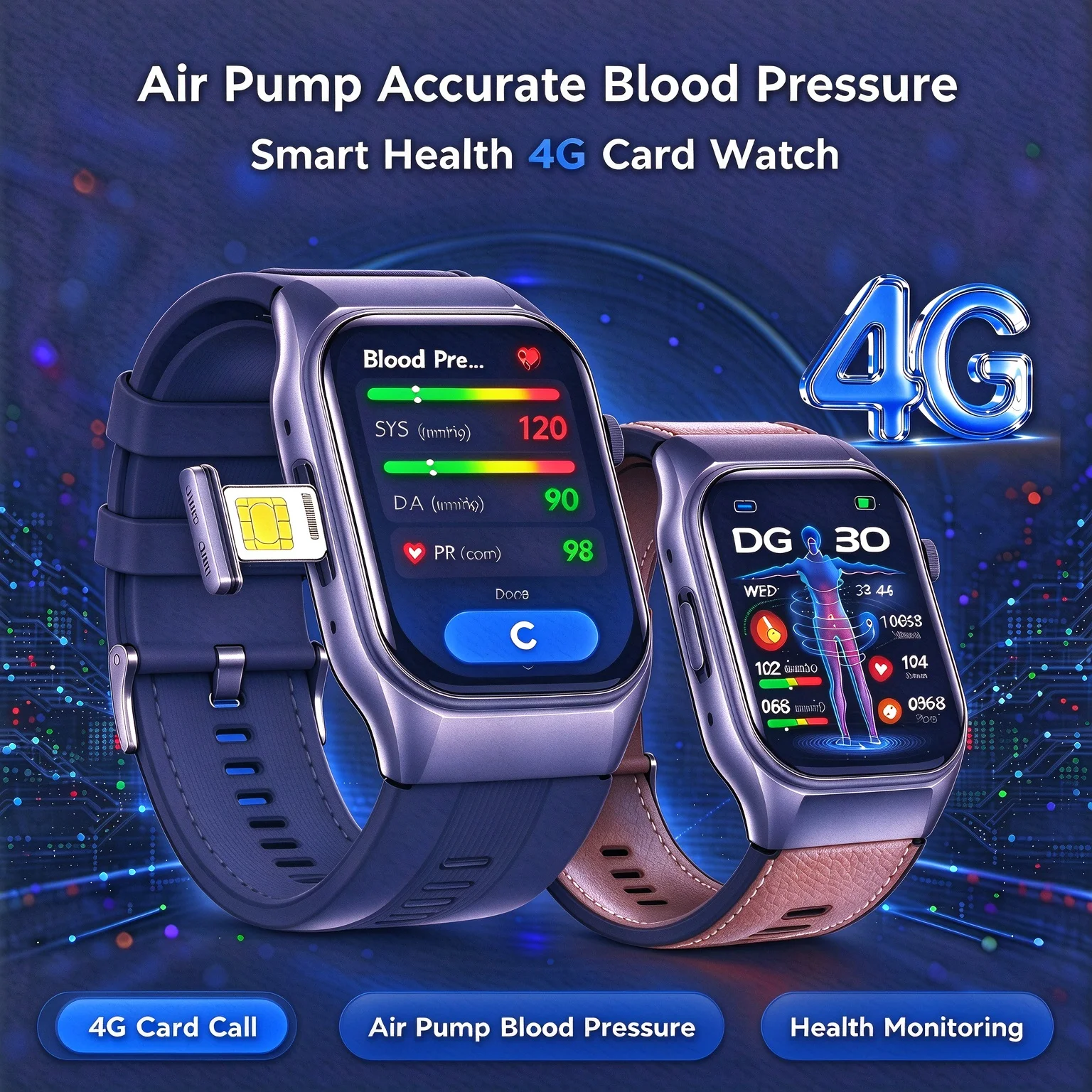 2026 New Precision Blood Pressure Smart Health 4G Card & BT Call Watch ECG Air Pump Airbag Blood Fat Uric Acid Smartwatches Men