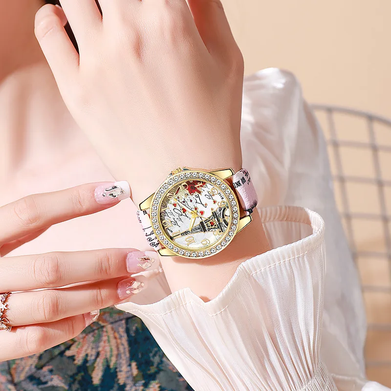 Fashion Large Dial Ladies Quartz Watch Romantic Eiffel Tower Design Women Leather Clock Gift Dress Watches image 4