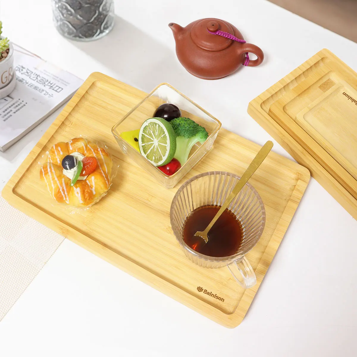 

Bainison 1PC Eco-Friendly Thickened Bamboo Tray Renewable Simple Kitchen Fruit Bread Pizza Dessert Snacks Breakfast Tray Outdoor