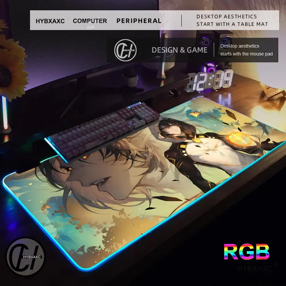 HYBXAXC Genshin Impact Zhongli HD Mouse Pad Kawaii Anime Desk Mat PC Gamer Mouse  RGB Gaming Desk Mat HD Gamer Large LED Light