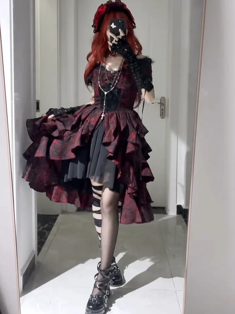 

French Court Style Dark Gothic Lolita Dress Subculture Irregular Dress Waist Dress One-word Shoulder Cake Dresses