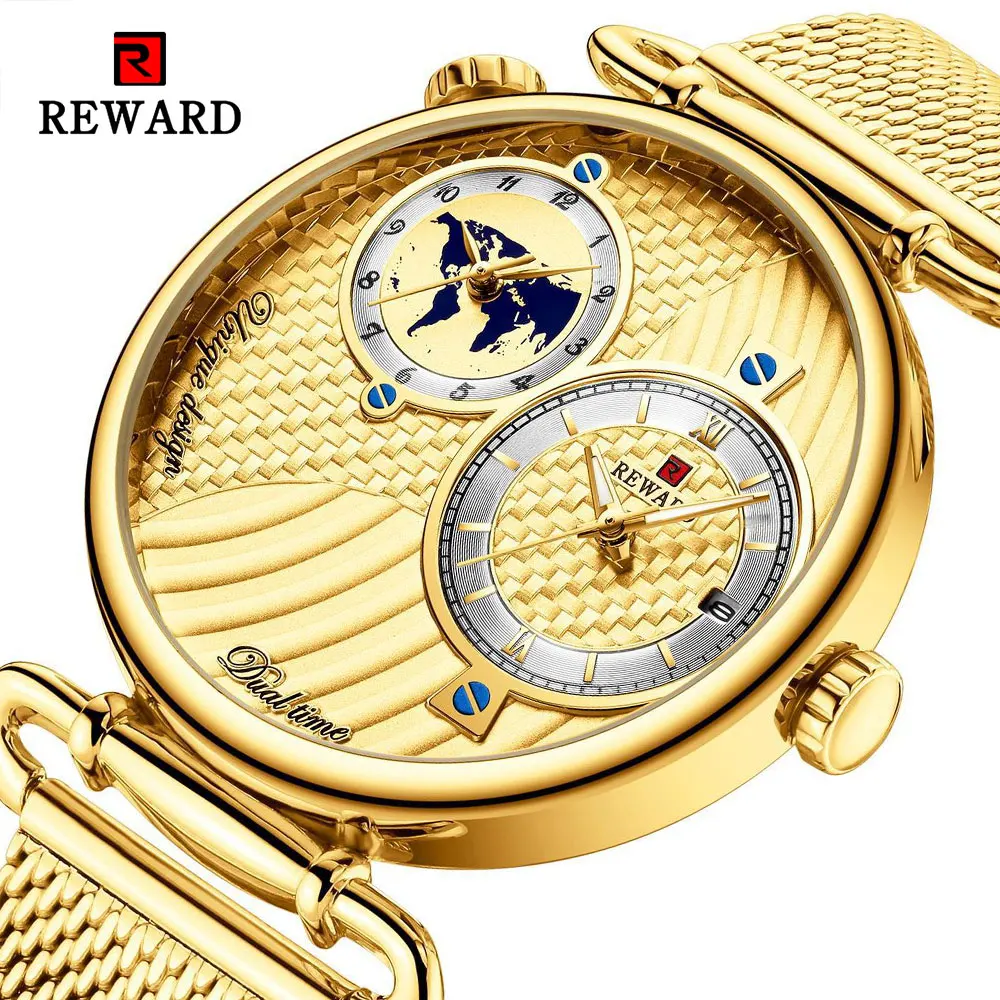 REWARD 2020 Luxury Golden Mens Quartz Watches Braided Shape Dial Multiple Time Zone Display Mesh Belt Top Brand Business Watch