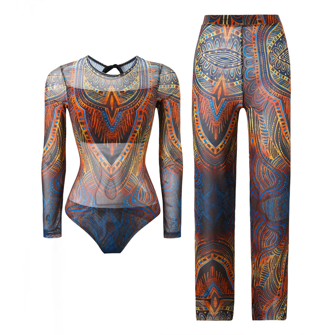 S - XXL Neuer bedruckter Badeanzug mit langen Ärmeln und Hose, einteiliger Damen-Badeanzug, floraler, gepolsterter Badeanzug, Badebekleidung, Modell V7176 – Detail 9