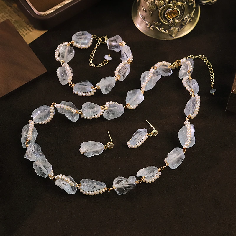 Natural Freshwater Pearl Aquamarine Jewelry Set for Women Daily Banquet Pearl Jewelry Set Gift Beach Vacation Dainty Jewelry view 5