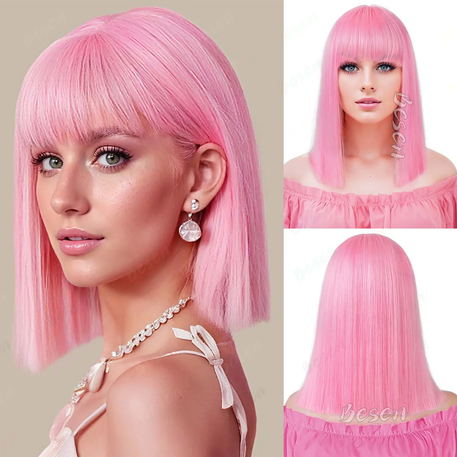 

Синтетический розовый парик Боб, короткие прямые волосы с челкой, разноцветный парик длиной до плеч для Хэллоуина, косплея, повседневная праздничная одежда