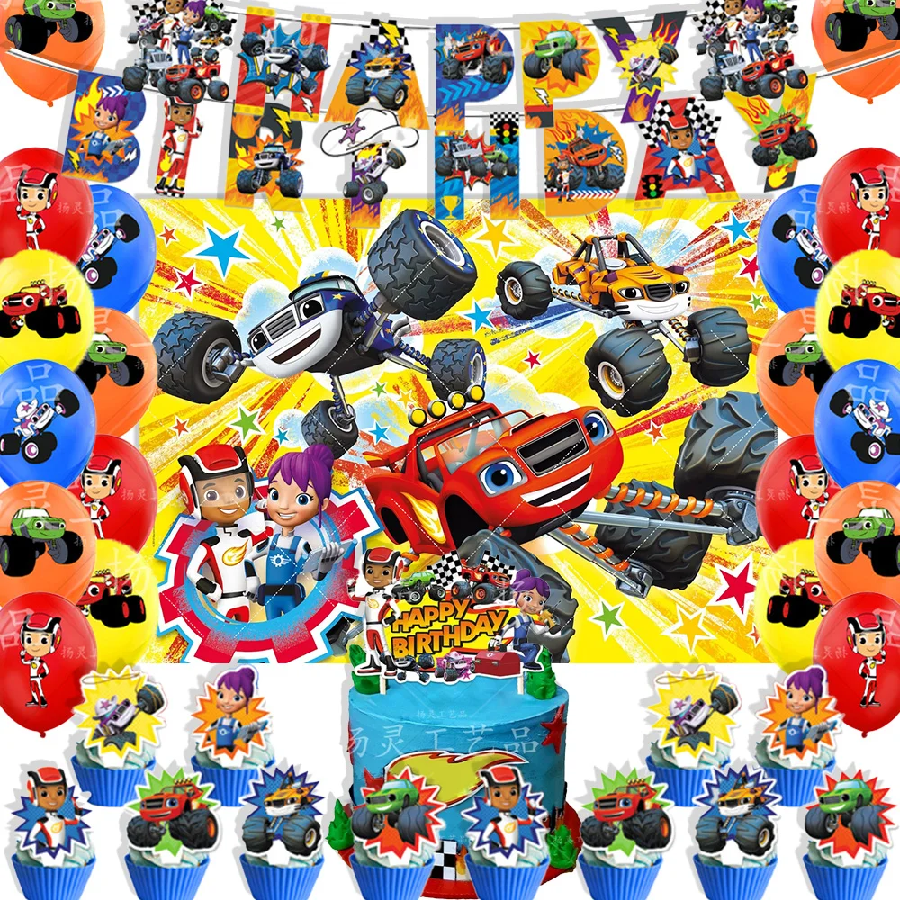 

Blaze Monster Machines Theme Birthday Party Supplies Decor Cartoon Truck Balloon Banner Backdrops Cupcake Topper for Kids Gifts