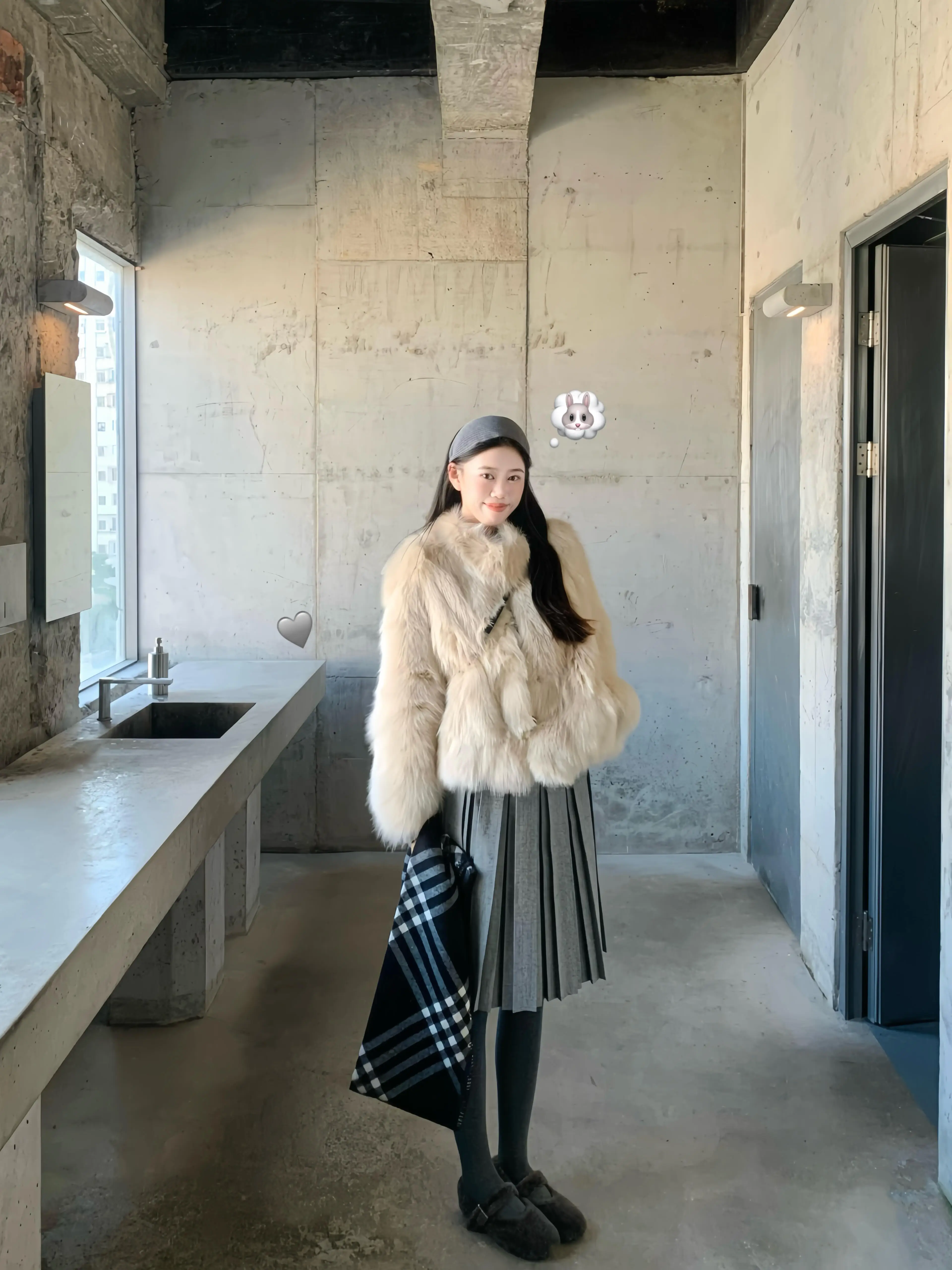 Retro Double Layered Geometric Pleat Light Grey Woolen Midi Skirt Women's Autumn Winter New Style Grey Series Pleated Skirt