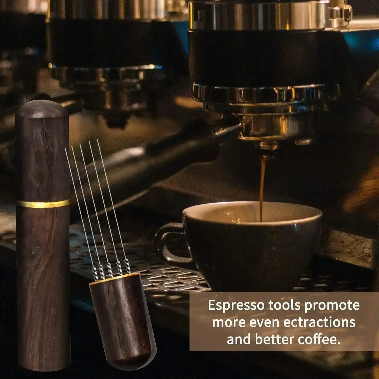 Wooden Coffee WDT Tool with Base, Stainless 6-Pin Coffee Stirrer & Tamper, Nice Christmas Present for Barista