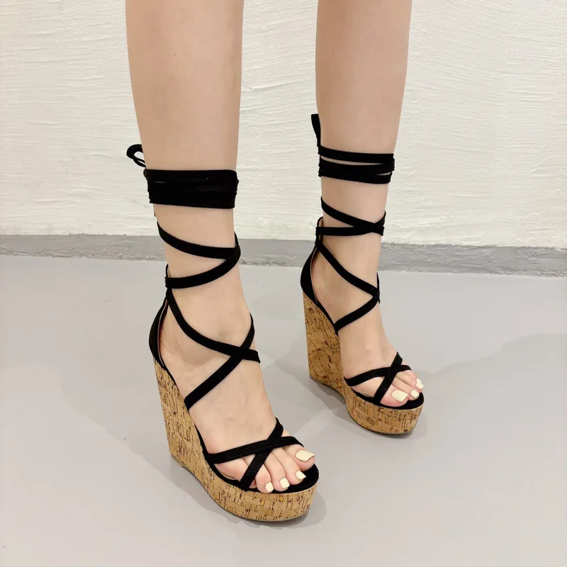 

Ankle Strap Platform Sandalias De Mujer Verano Wedges Super High Heels Round Peep Toe Cross-Tied Sandales à Talons Black Sexy