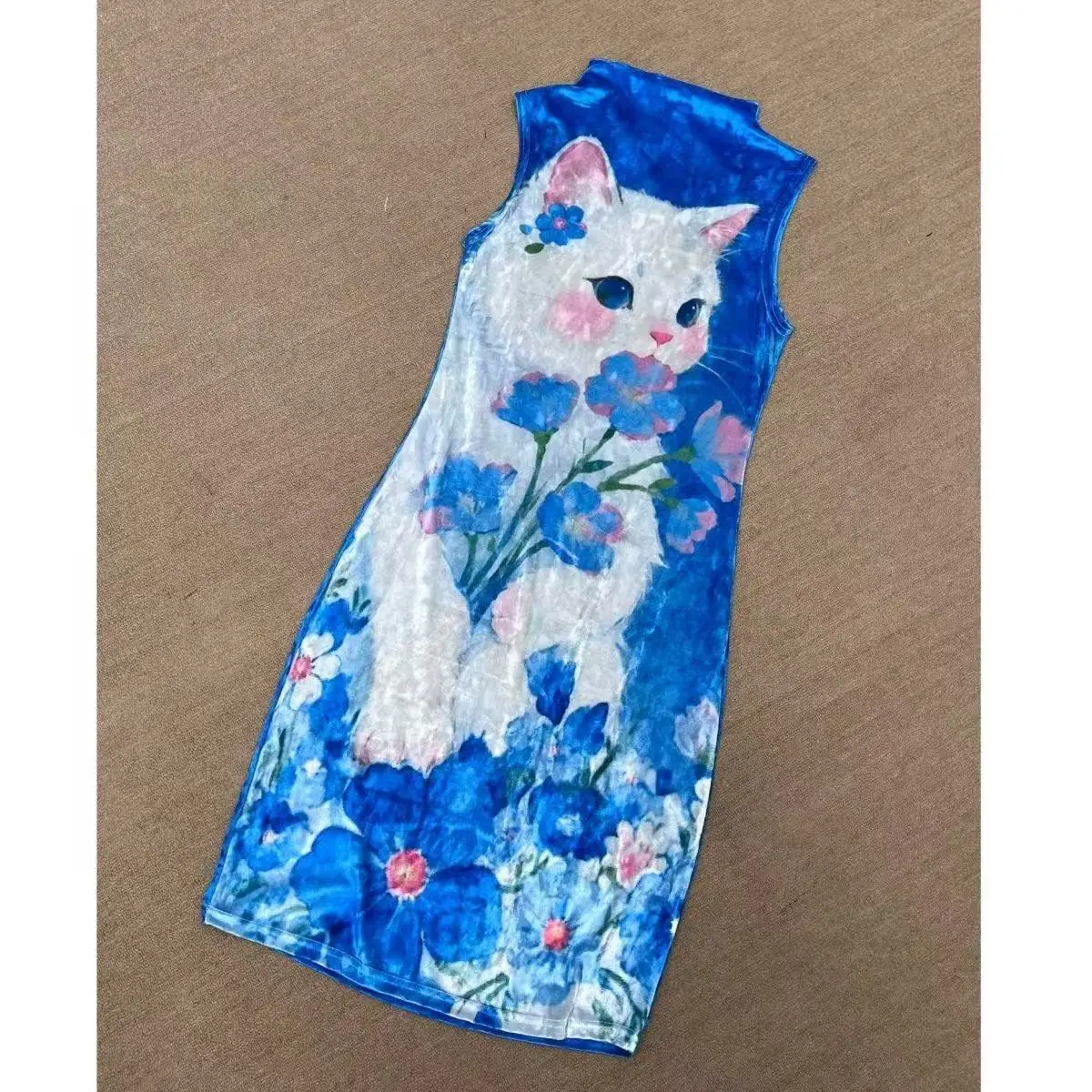 Blue Sleeveless Midi Dress White Cat Floral Oil Painting Print Stand Collar Slim Fit A Line Long Dress Sweet Artistic Summer