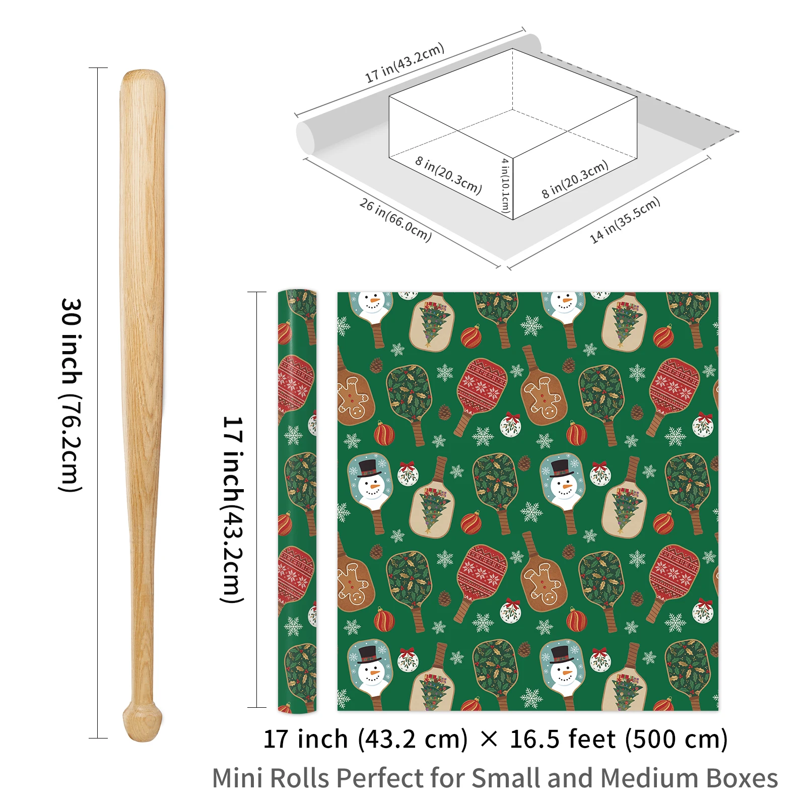 1 Roll of Christmas and New Year Gift Wrapping Paper, Classic Green Background, Creative Pickleball Racket, Snowman, Gingerbread Man, Christmas Tree, Colorful Balls, Pine Cones, Snowflake Prints, Suitable for Family, F