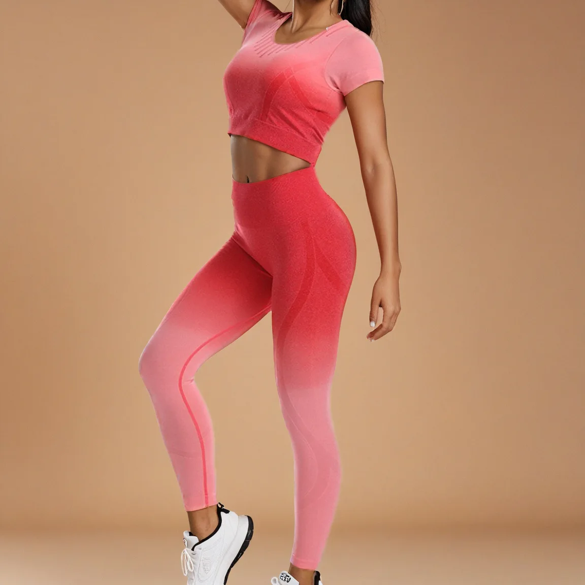 

Бесшовный костюм для йоги с постепенным изменением в Европе и США, облегающий спортивный жилет, вязаный фитнес-костюм