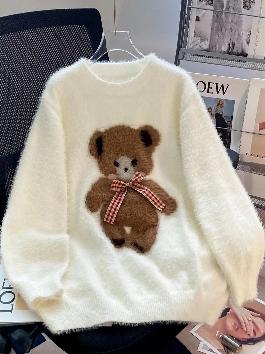 

Милый вязаный свитер с бантом для пар, из мягкой норковой пряжи, свободного кроя, с длинными рукавами, круглым вырезом, теплый, осенне-зимний, мужской и женский