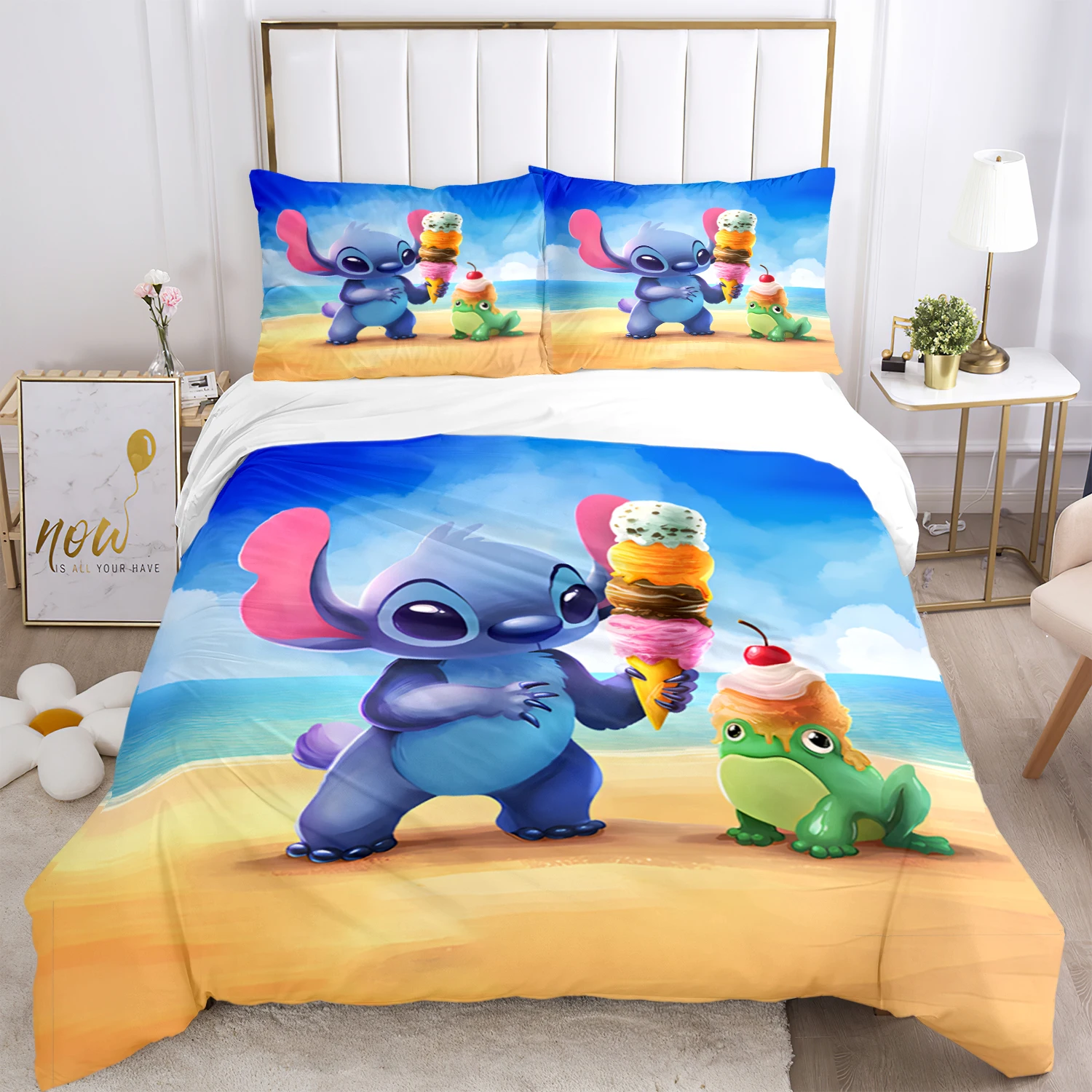 Disney-Parure de lit imprimée Stitch pour enfants et adultes, dessin animé mignon, article de mode, lit, housses de couette, taies d'oreiller, 3 pièces