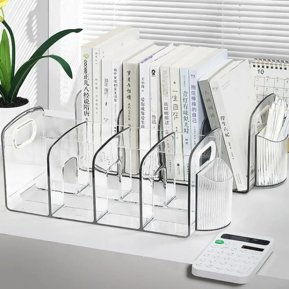 Organizador de escritorio para ahorrar espacio, sujetalibros con mango, divisor transparente duradero, soporte para libros, estante de almacenamiento de escritorio de exhibición Simple minimalista