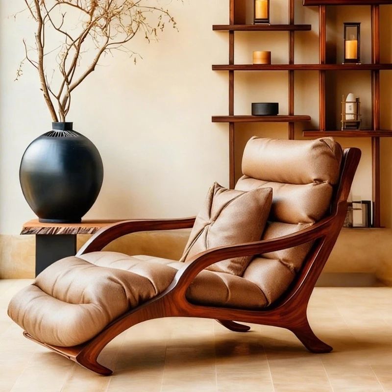 

New Chinese-style solid wood sofa, living room single sofa, light luxury high-end black walnut leather recliner