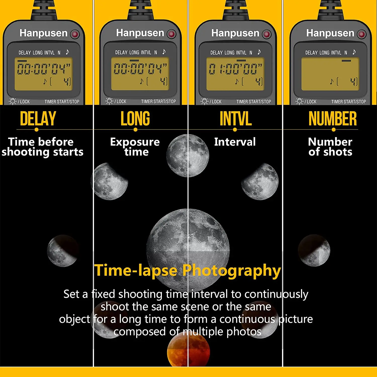 Hanpusen TR90 Camera Time Lapse Intervalometer LCD Timer Remote For selected Canon Nikon Sony Fujifilm Olympus Pentax Cameras