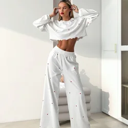 New Hoodies Women's Pants Set Long Sleeves Slim Fit Pullovers Heart Printing Crop Tops Elastic Waist Pants Female's 2pcs Sets