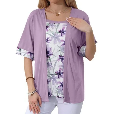 5XL Plus Size Women T Shirt Short Sleeve Retro Floral Print Fake Two Pieces Shirts Patchwork Summer Casual Square Collar Tee Top — zdjęcie 7