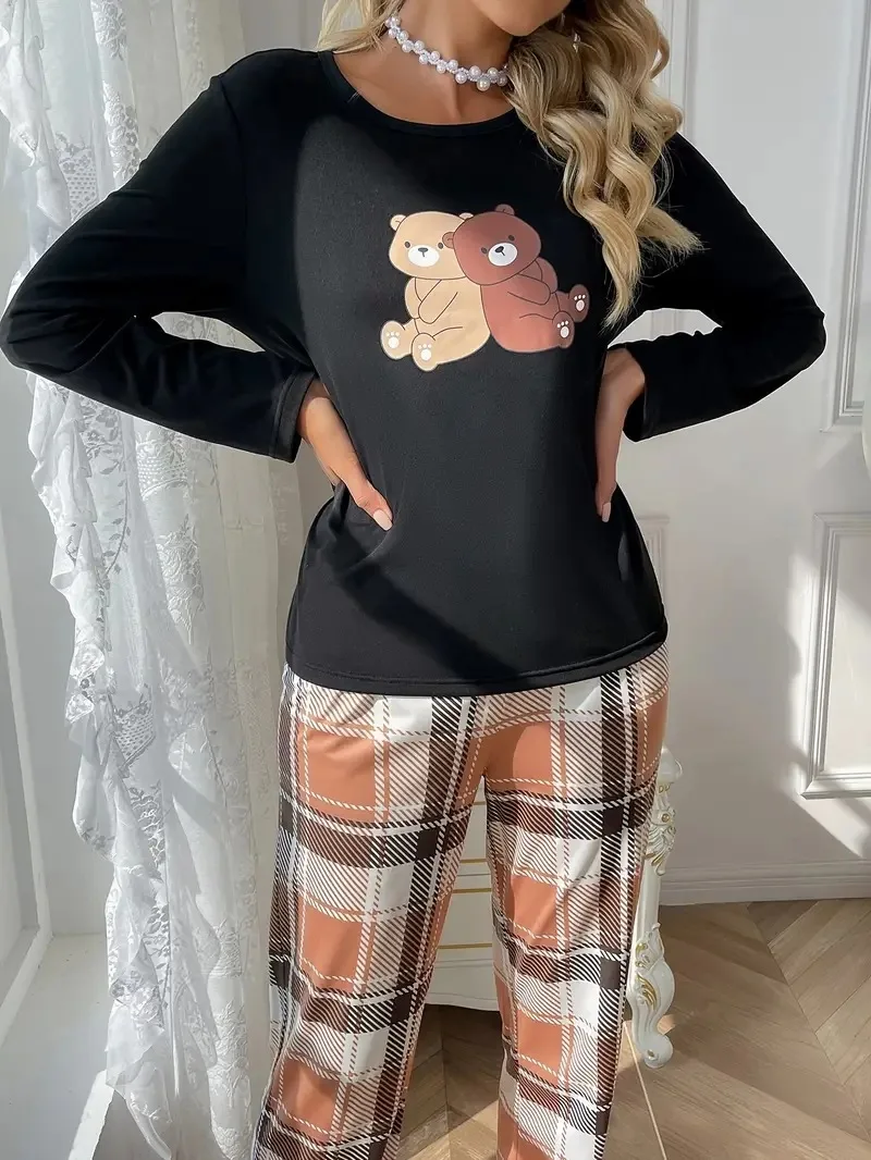 

Cute Bear Plaid Print Pajama Soft Long Sleeve Round Neck Top And Long Pants Comfortable Relaxed Fit Women's Sleepwear Loungewear