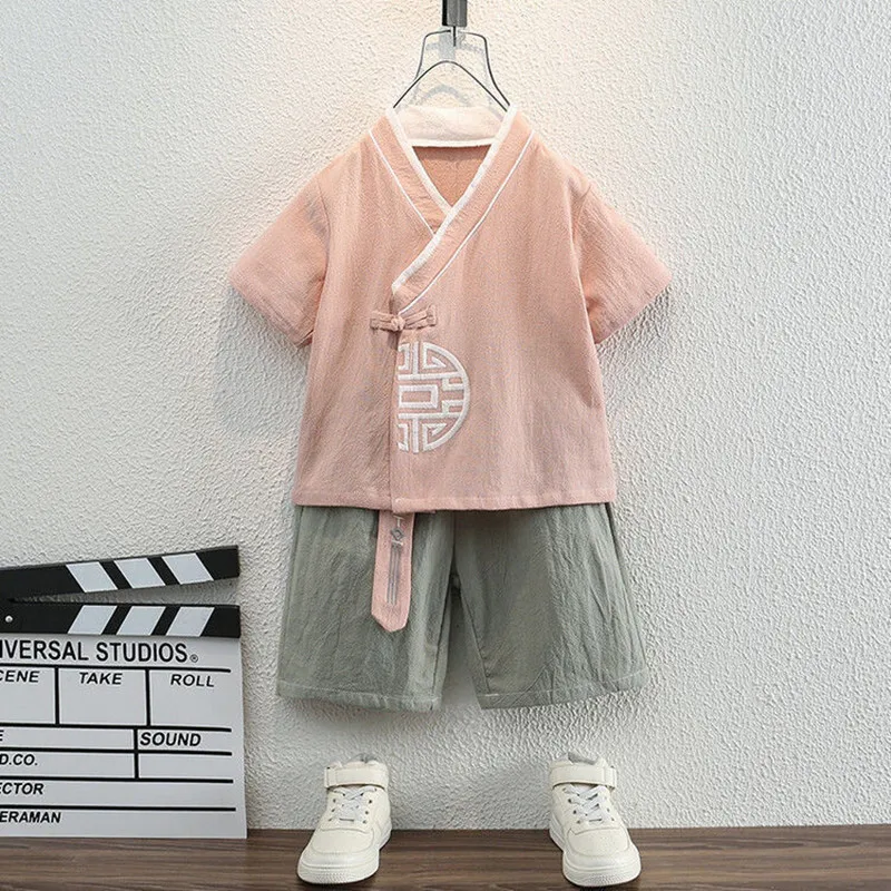 Hanfu Kinderkleding Pak Zomer Dunne Tops En Shorts Suits Chinese Stijl Jongens Tang Pak Katoen Linnen Kleding Suits