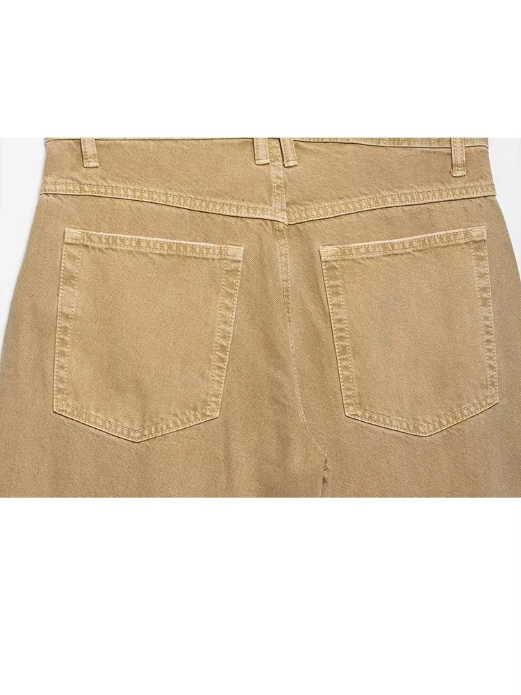 Celana Jeans Wanita HH 2025 Musim Gugur Model Vintage Warna Ocher Pinggang Rendah Kaki Lebar Warna Solid Dengan Saku Resleting Celana Lurus Mujer